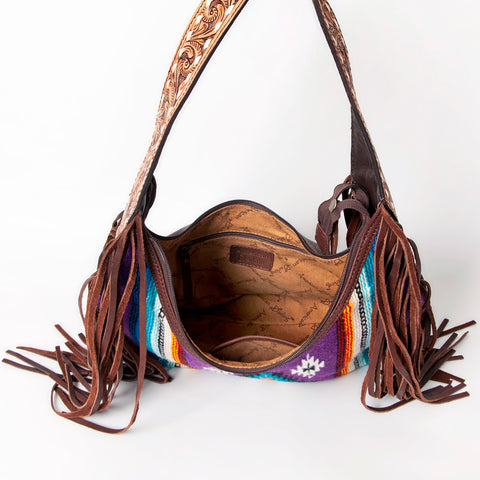 American Darling Hand-Woven Saddle Blanket Hobo Bag Hand Tooled Leather Fringe