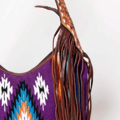 American Darling Hand-Woven Saddle Blanket Hobo Bag Hand Tooled Leather Fringe