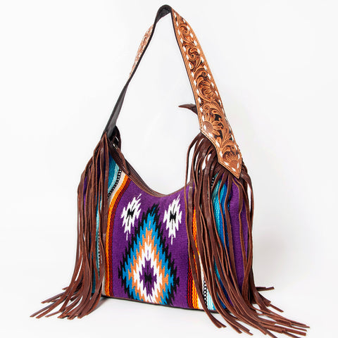 American Darling Hand-Woven Saddle Blanket Hobo Bag Hand Tooled Leather Fringe