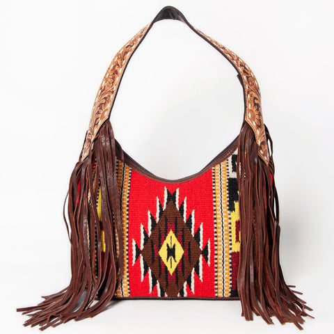 American Darling Hand-Woven Saddle Blanket Hobo Bag Hand Tooled Leather Fringe