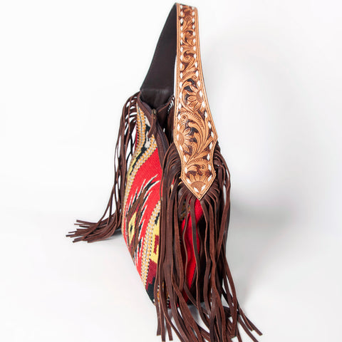 American Darling Hand-Woven Saddle Blanket Hobo Bag Hand Tooled Leather Fringe