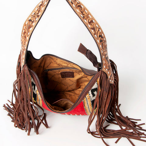 American Darling Hand-Woven Saddle Blanket Hobo Bag Hand Tooled Leather Fringe