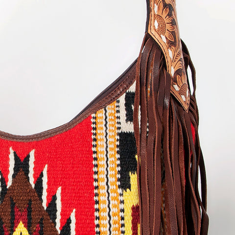 American Darling Hand-Woven Saddle Blanket Hobo Bag Hand Tooled Leather Fringe