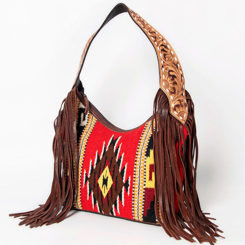 American Darling Hand-Woven Saddle Blanket Hobo Bag Hand Tooled Leather Fringe