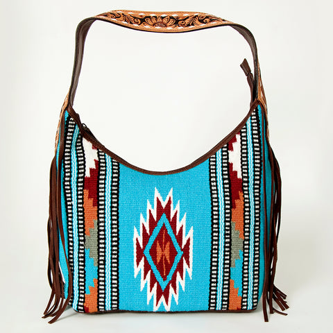 American Darling Hand-Woven Saddle Blanket Hobo Bag Hand Tooled Leather Fringe