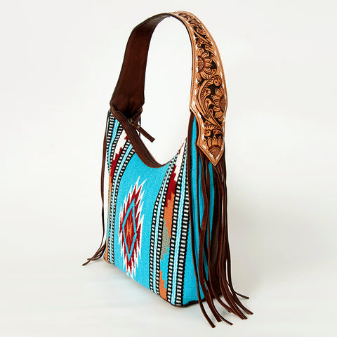 American Darling Hand-Woven Saddle Blanket Hobo Bag Hand Tooled Leather Fringe