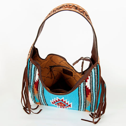 American Darling Hand-Woven Saddle Blanket Hobo Bag Hand Tooled Leather Fringe