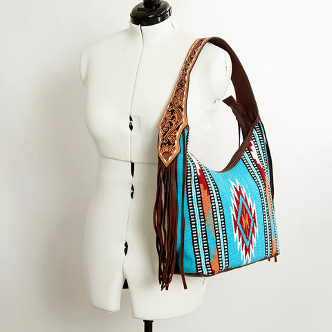 American Darling Hand-Woven Saddle Blanket Hobo Bag Hand Tooled Leather Fringe