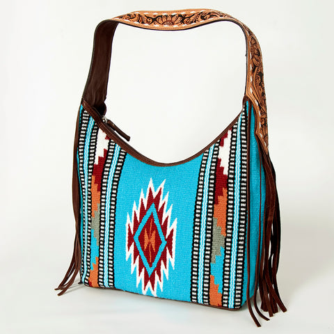 American Darling Hand-Woven Saddle Blanket Hobo Bag Hand Tooled Leather Fringe