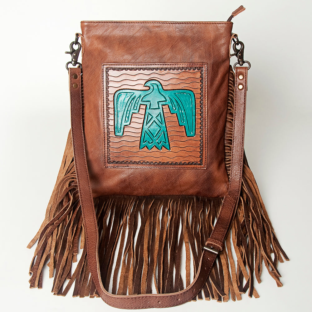 LC-ADBG719 Leather Fringe Crossbody Bag with Tooled Panel