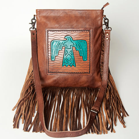 American Darling Hand Tooled Leather Large Cross body Bag Western Fringed Handbag