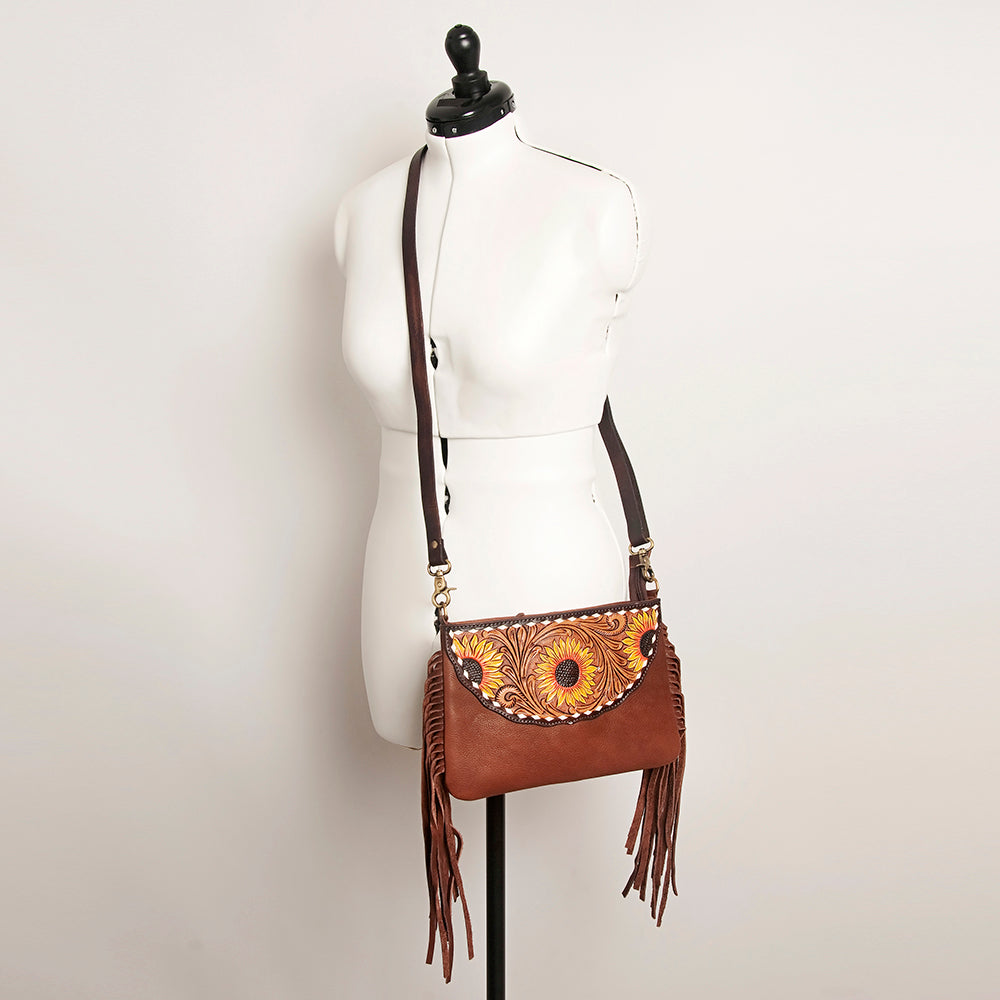 LC-ADBGA156 Tooled Leather Crossbody with Fringe Western Brown Shoulder Bag