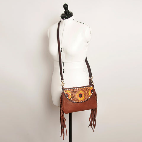 American Darling Tooled Leather Crossbody with Fringe Western Brown Shoulder Bag
