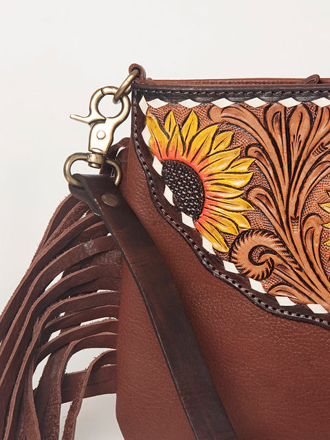 American Darling Tooled Leather Crossbody with Fringe Western Brown Shoulder Bag