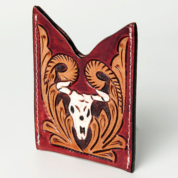 ADCCF106 Hand-Tooled Leather Card Holder - Western Bull Skull & Floral Design