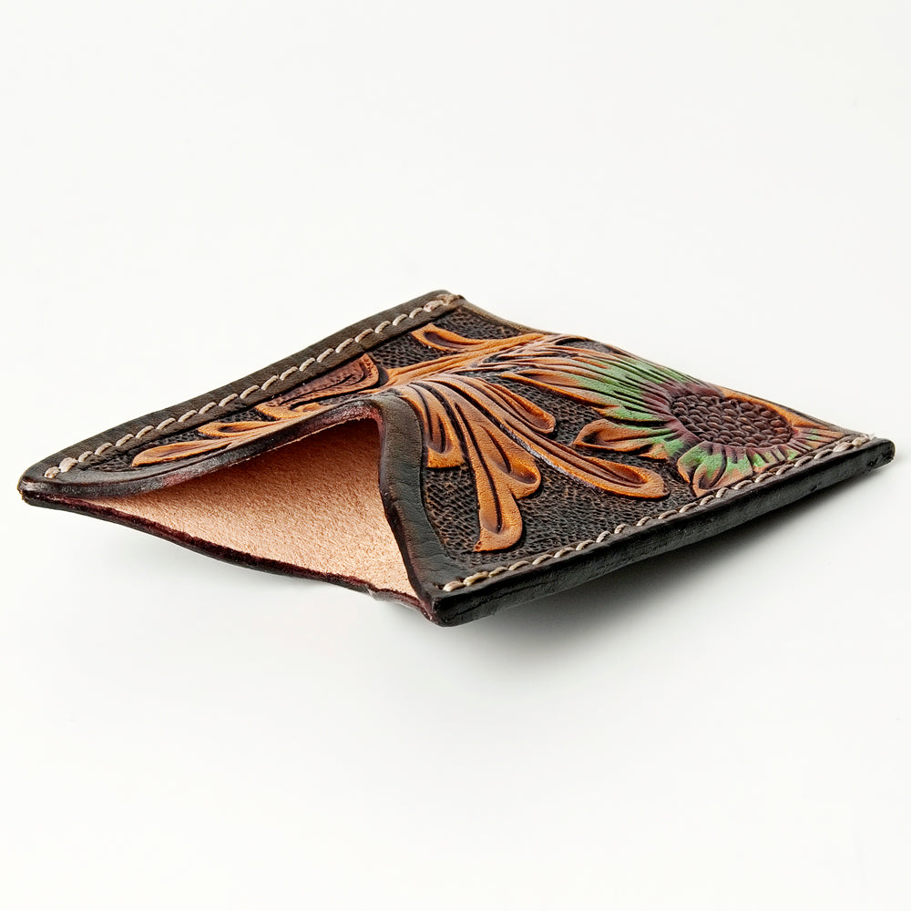 ADCCF108 Hand-Tooled Leather Card Holder - Sunflower & Western Floral Design