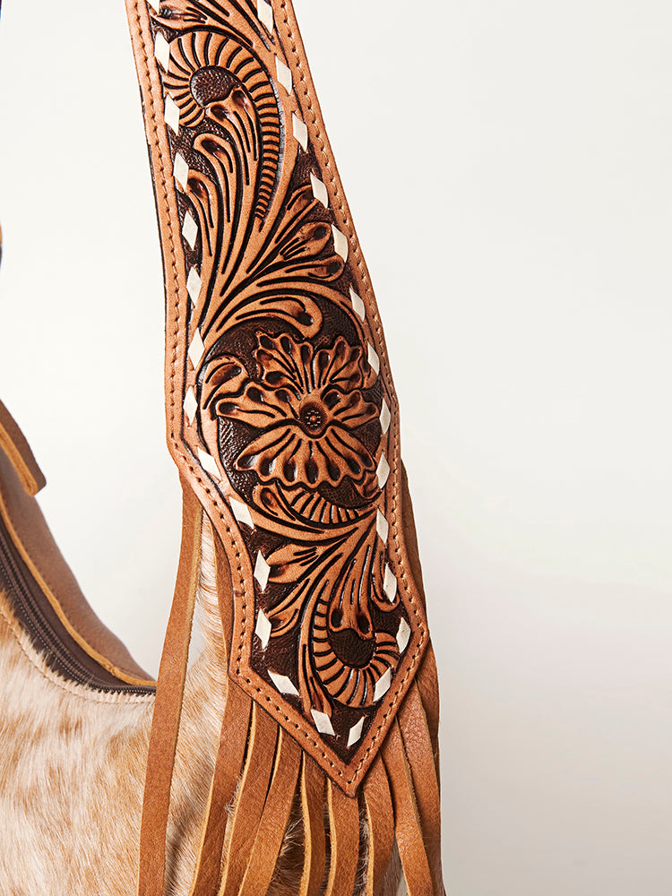 LC-ADBGA216 American Darling Hobo Bag Light Hair-On Hide with Tooled Leather Strap & Fringe