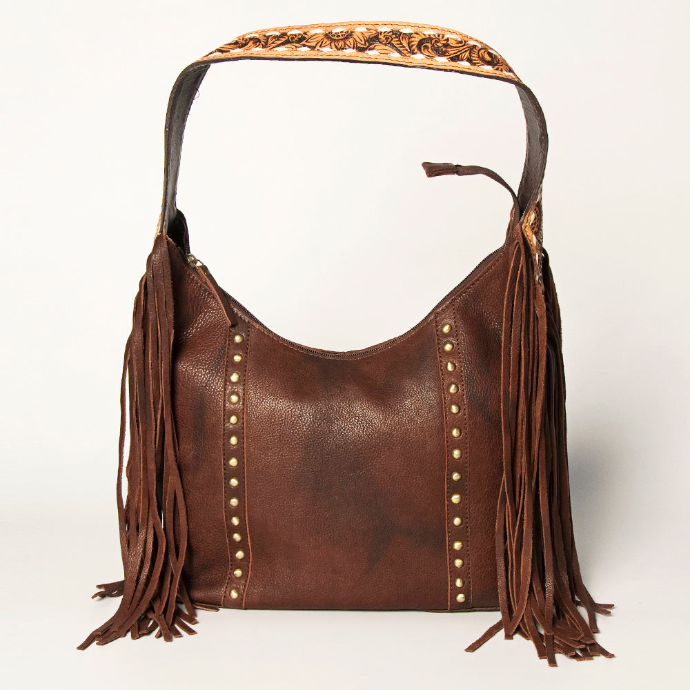 LC-ADBGA217 American Darling Hobo Bag Dark Brown Leather with Tooled Strap, Fringe & Brass Studs