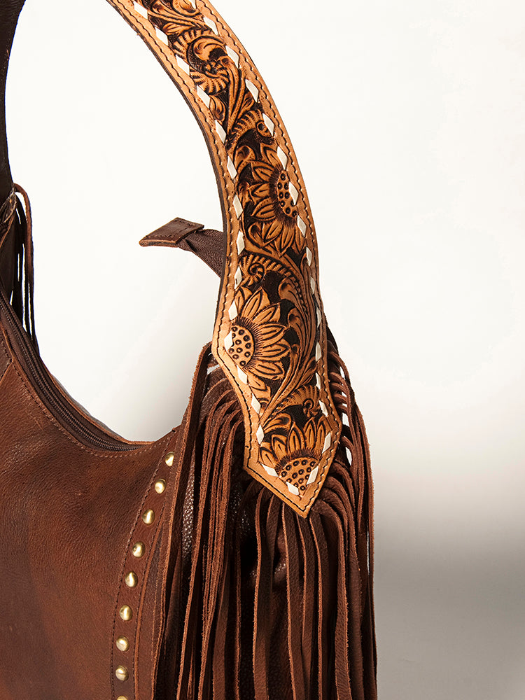 LC-ADBGA217 American Darling Hobo Bag Dark Brown Leather with Tooled Strap, Fringe & Brass Studs