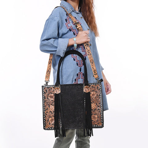 American Darling Western Leather Tote Bag - Hand Tooled Floral Carved Damascus Purse