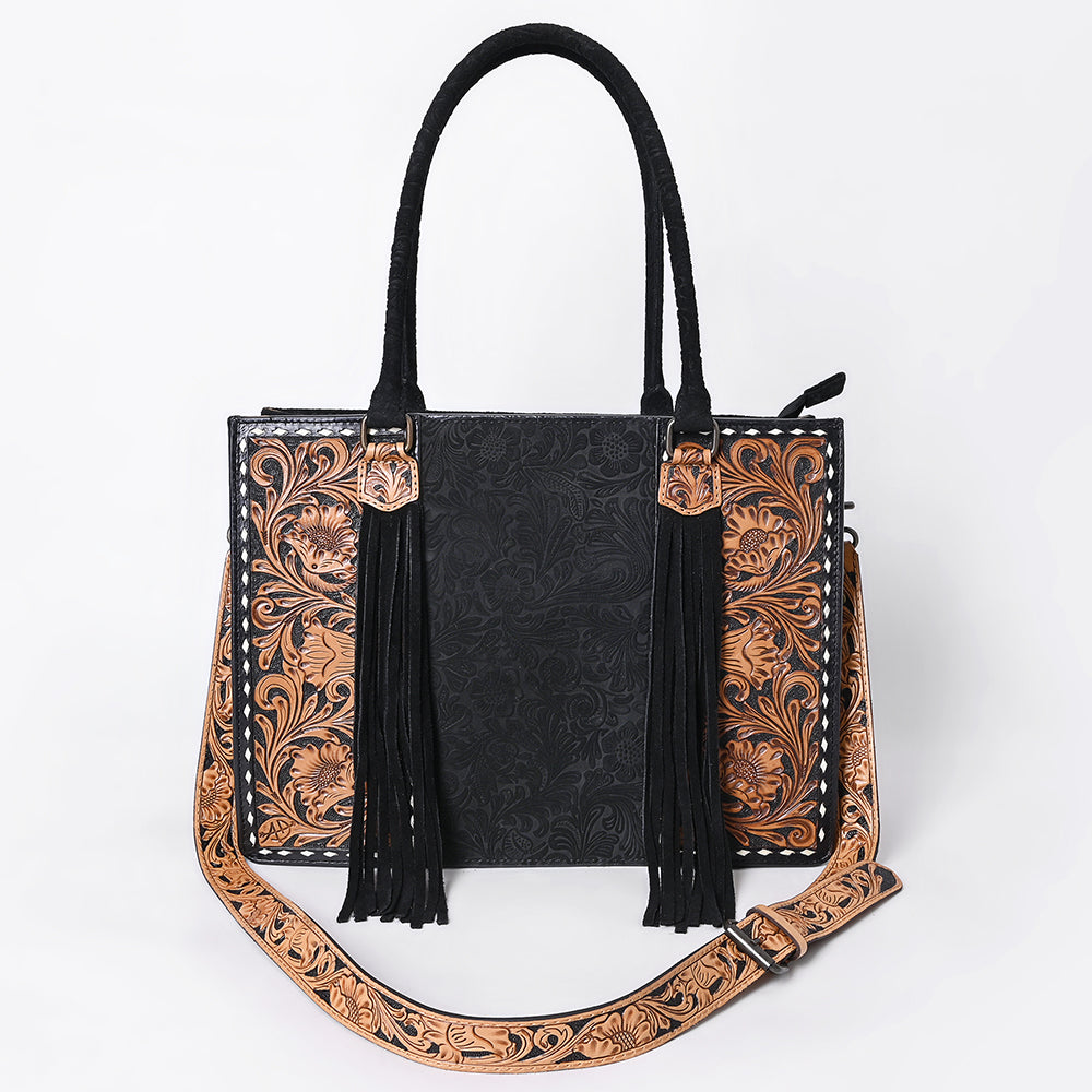 ADBG230DM1 Hand Tooled Leather Tote Bag with Black Center & Natural Floral Tooled Accents