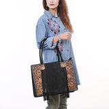 ADBG230DM1 Hand Tooled Leather Tote Bag with Black Center & Natural Floral Tooled Accents