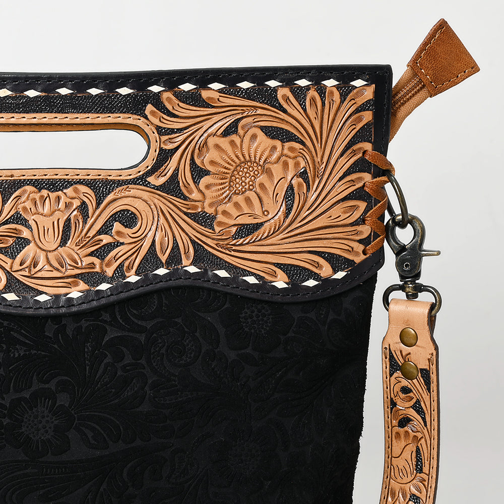 LC-ADBGS145 Tooled Leather & Embossed Black Western Clutch - Convertible Bag with Strap and Handle