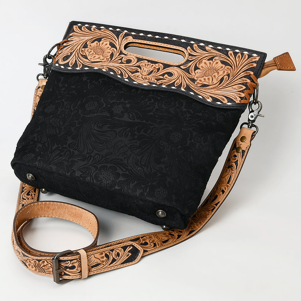 LC-ADBGS145 Tooled Leather & Embossed Black Western Clutch - Convertible Bag with Strap and Handle