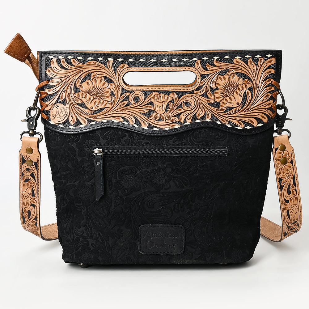 LC-ADBGS145 Tooled Leather & Embossed Black Western Clutch - Convertible Bag with Strap and Handle