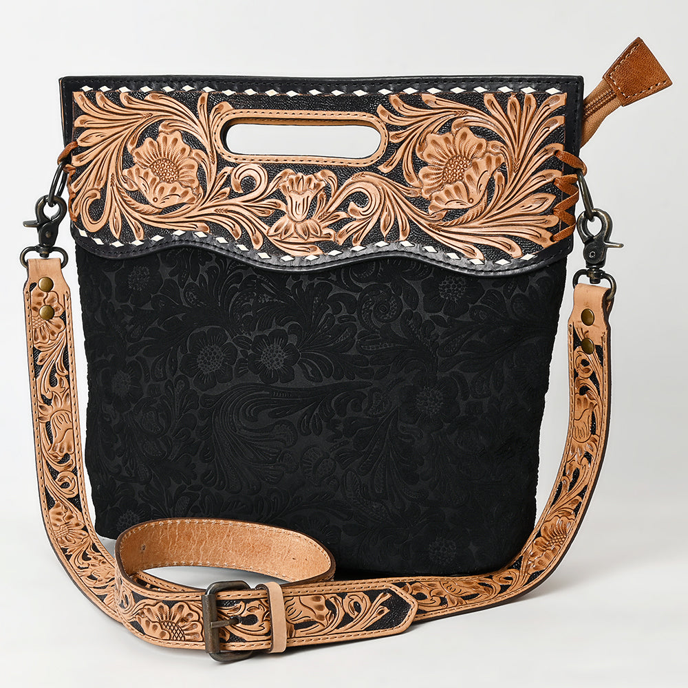 LC-ADBGS145 Tooled Leather & Embossed Black Western Clutch - Convertible Bag with Strap and Handle