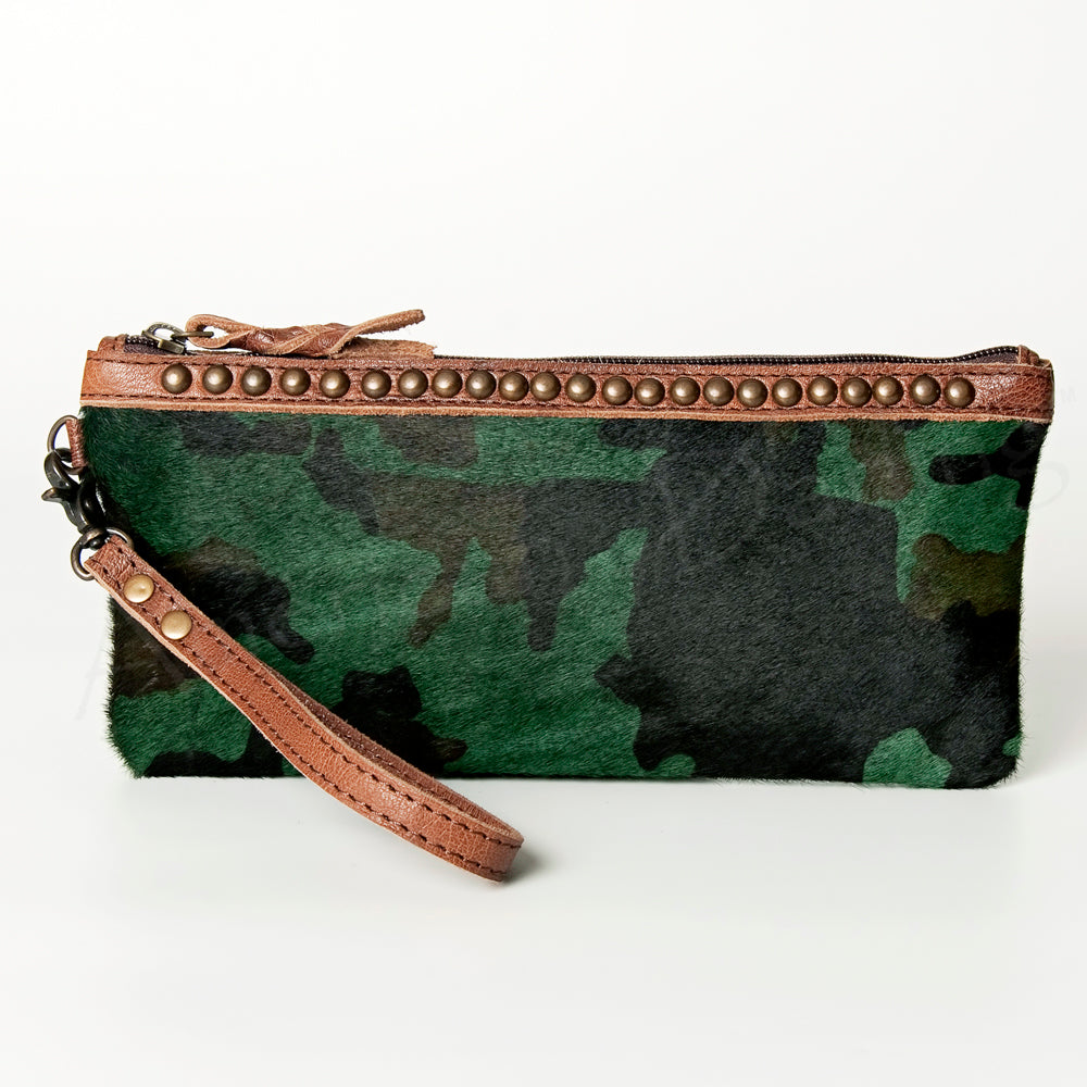 ADBG344 Genuine Hair-On Cowhide Wristlet Clutch with Brown Leather Trim