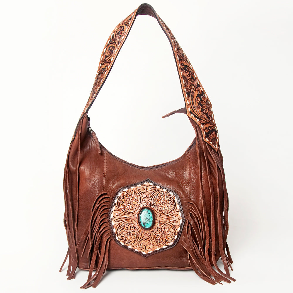 LC-ADBGA219 American Darling Hobo Bag Tooled Turquoise Medallion & Full Grain Leather with Fringe