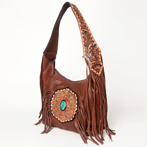 LC-ADBGA219 American Darling Hobo Bag Tooled Turquoise Medallion & Full Grain Leather with Fringe