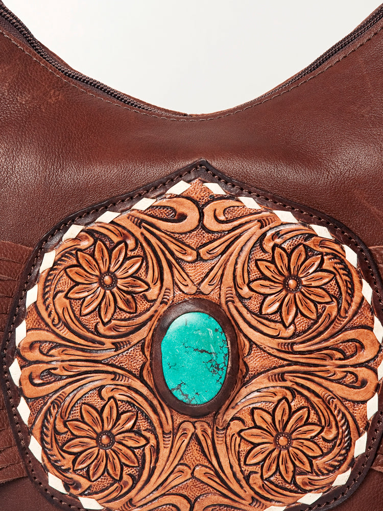 LC-ADBGA219 American Darling Hobo Bag Tooled Turquoise Medallion & Full Grain Leather with Fringe