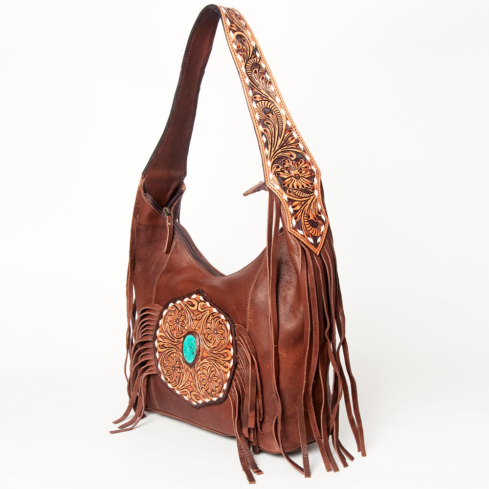 LC-ADBGA219 American Darling Hobo Bag Tooled Turquoise Medallion & Full Grain Leather with Fringe