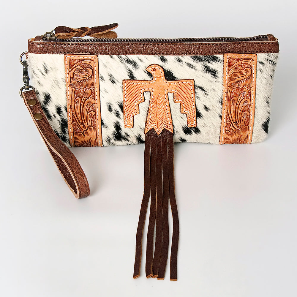 ADBG344 Hair-On Cowhide Wristlet with Tooled Leather Accent - Genuine Leather Western Clutch