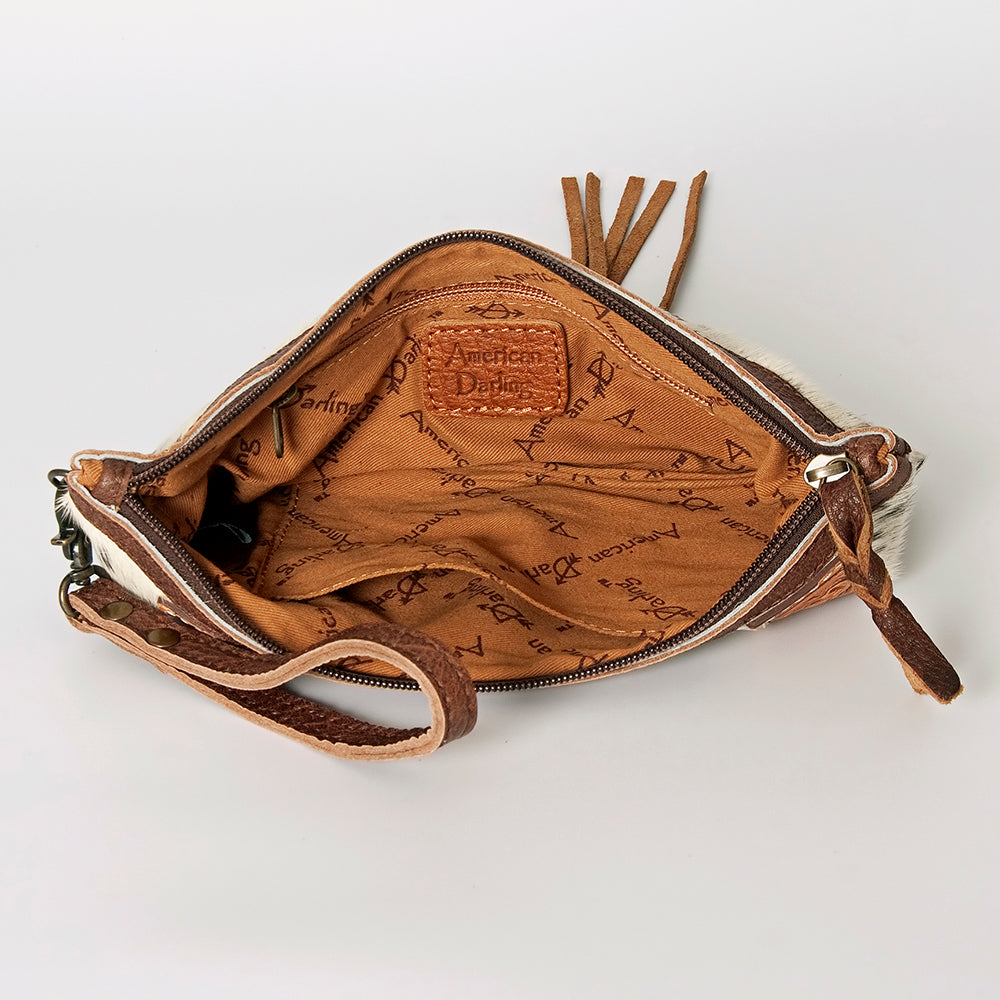 ADBG344 Hair-On Cowhide Wristlet with Tooled Leather Accent - Genuine Leather Western Clutch