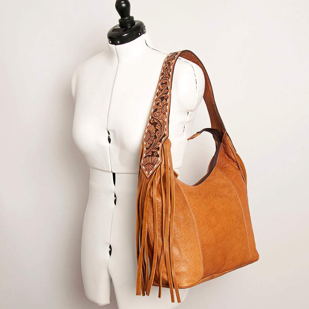 LC-ADBGA220 American Darling Hobo Bag Full Grain Tan Leather with Tooled Strap & Fringe