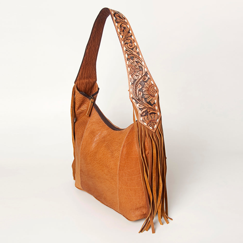 LC-ADBGA220 American Darling Hobo Bag Full Grain Tan Leather with Tooled Strap & Fringe