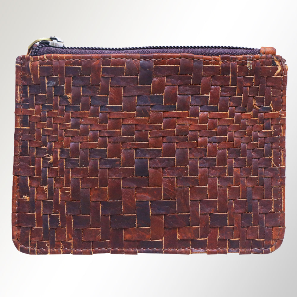 LC-ADBGM121 Handwoven Leather Coin Pouch - Distressed Basketweave Zip Wallet