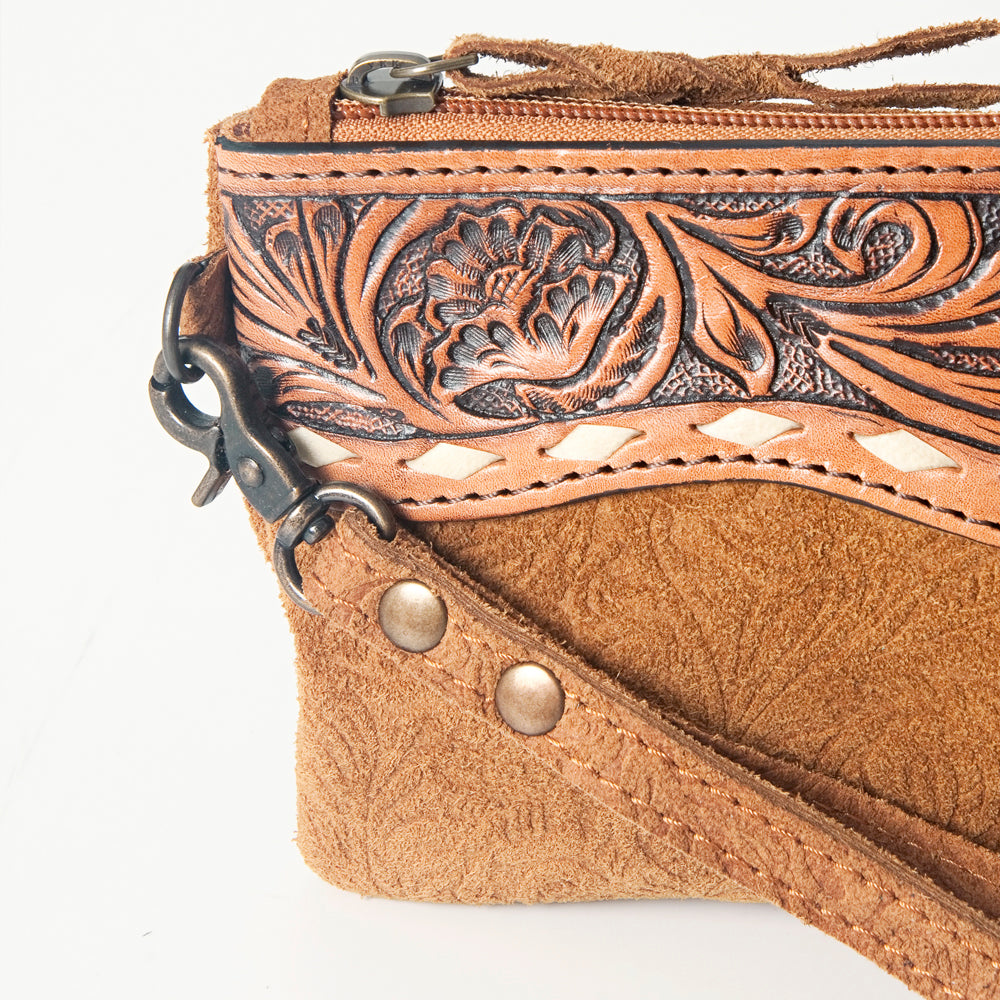 ADBG344 Embossed Leather Wristlet Western Fringe Clutch with Tooled Floral Design