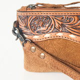 LC-ADBG344 Embossed Leather Wristlet Western Fringe Clutch with Tooled Floral Design
