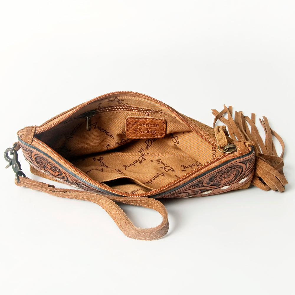 ADBG344 Embossed Leather Wristlet Western Fringe Clutch with Tooled Floral Design