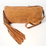 LC-ADBG344 Embossed Leather Wristlet Western Fringe Clutch with Tooled Floral Design