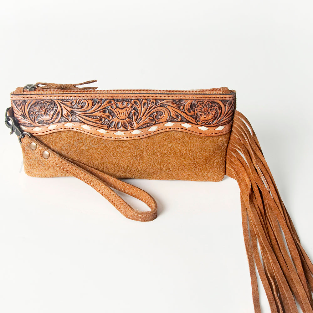 ADBG344 Embossed Leather Wristlet Western Fringe Clutch with Tooled Floral Design