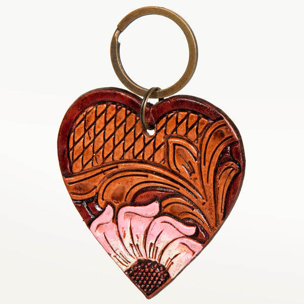 ADKR181 Hand-Tooled Leather Heart keyring � Western Floral Design with Pink Accents