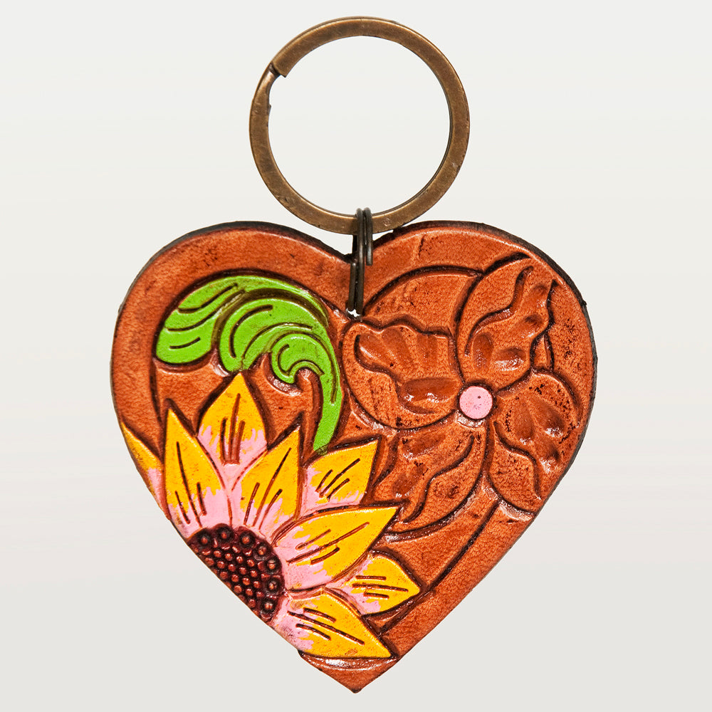 ADKR183 Hand-Tooled Leather Heart Keyring   Western Floral Design with Pink Accents