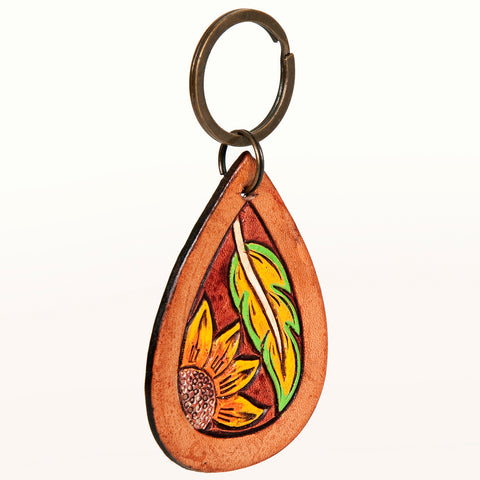 LC-ADKR184 Hand-Tooled Leather Keyring   Teardrop with Sunflower & Feather Design