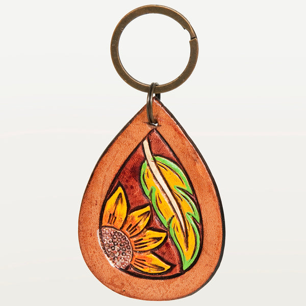 LC-ADKR184 Hand-Tooled Leather Keyring � Teardrop with Sunflower & Feather Design