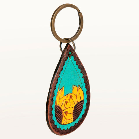 LC-ADKR185 Hand-Tooled Leather Keyring   Teardrop with Dual Sunflower & Turquoise Inlay